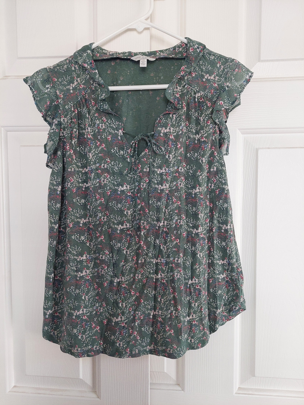 Lucky Brand Green Floral Ruffle Tie-Front Blouse Size Large
